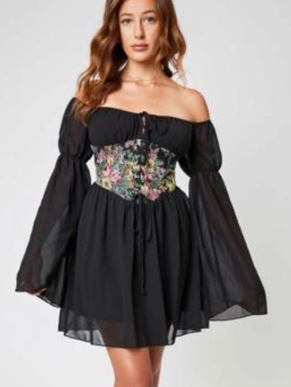 Off-Shoulder Black Floral Corset Mini Dress